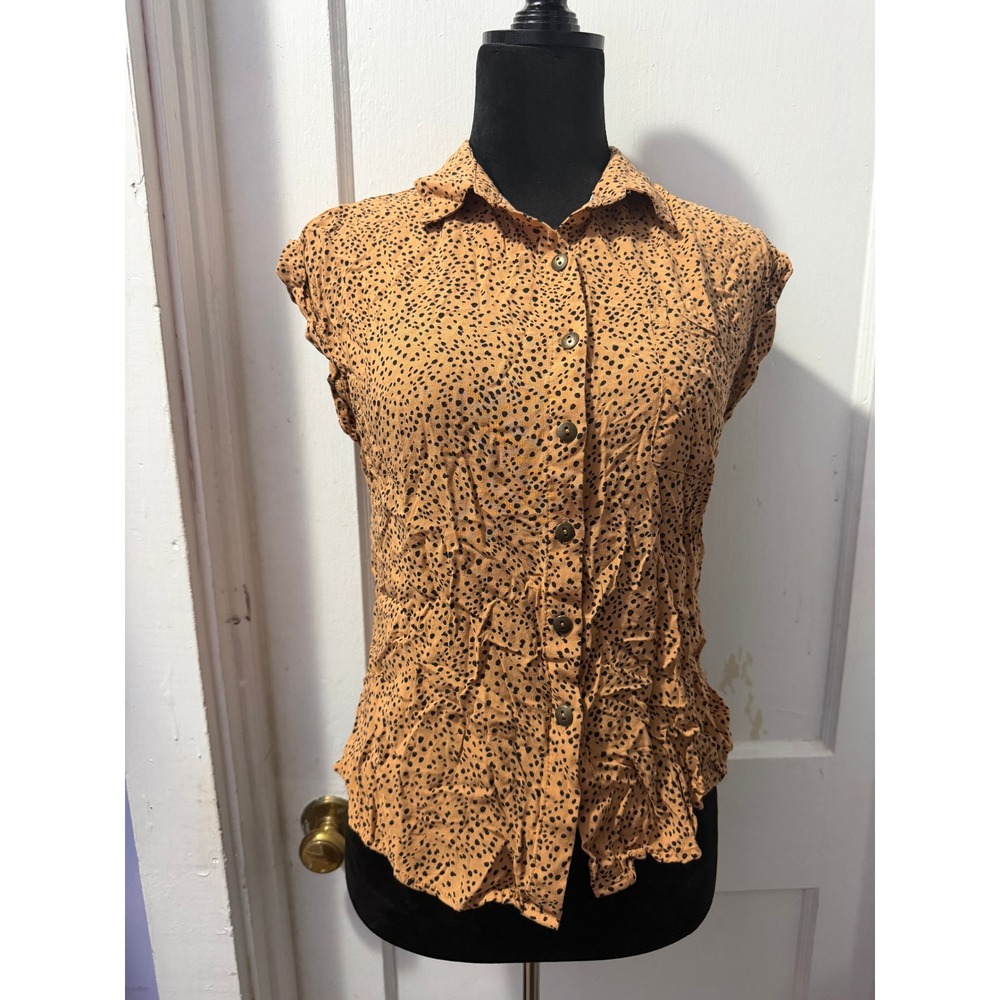 Orange Leopard Print Button Down Tank Top Sleeveless Rayon Blouse XS Cheetah